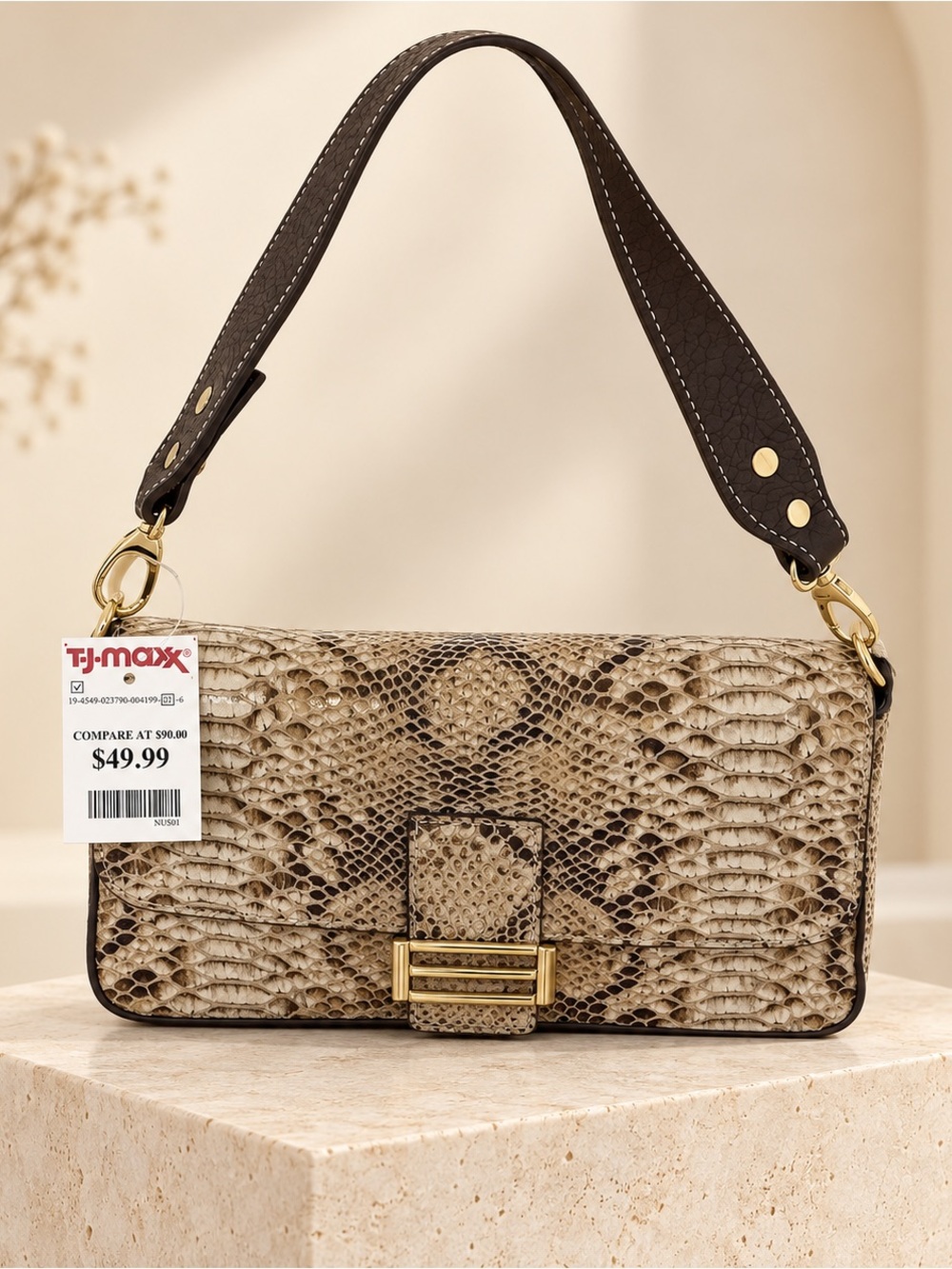 Divina Firenze Snake-Embossed Beige Shoulder Bag with Dark Brown Strap